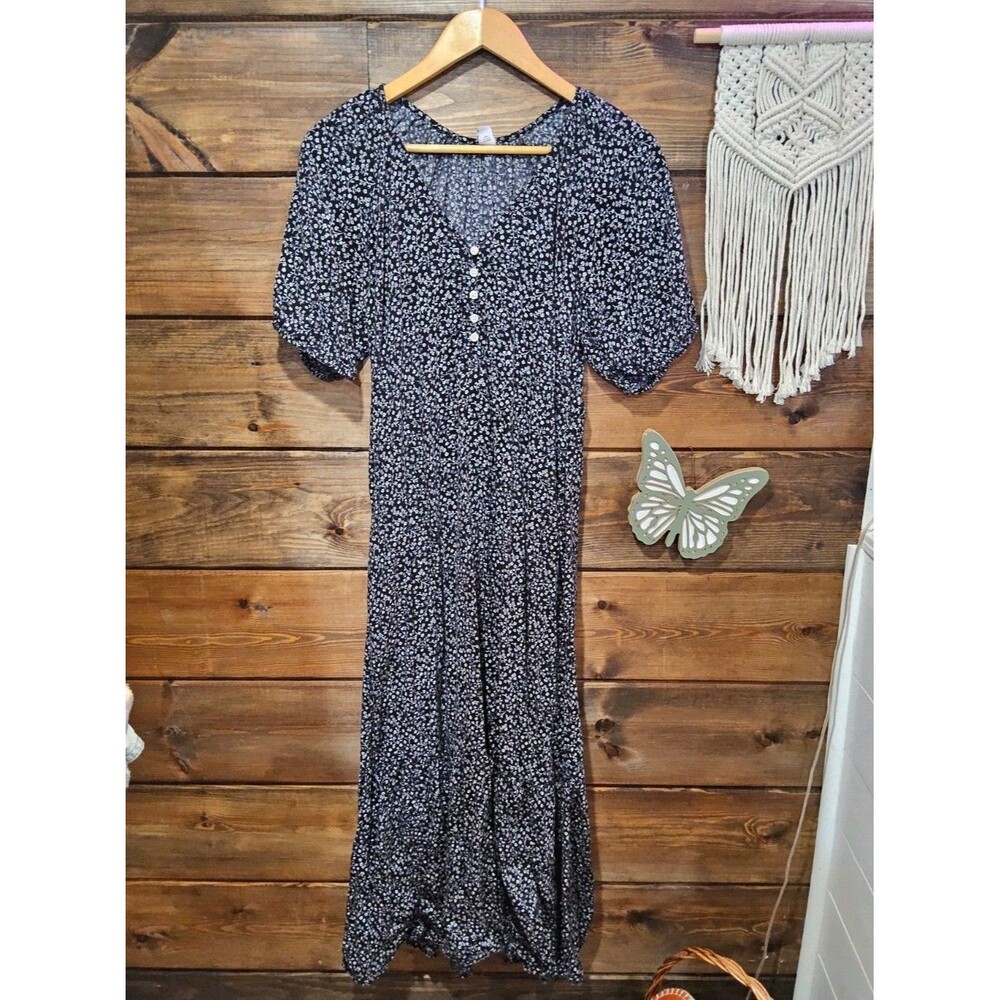 Black Floral Tiered Maxi Dress V Neck Button Front Ouff Sleeve Cottagecore Boho